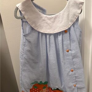 Lil Cactus Blue and White Striped Dress with Pumpkin Embroidery